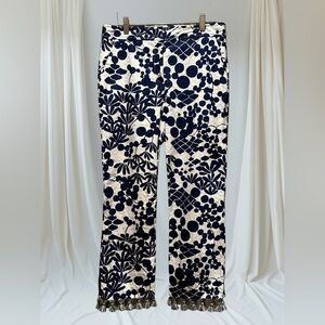 Trina Turk Navy and white floral tassel hem pants. Size 8.